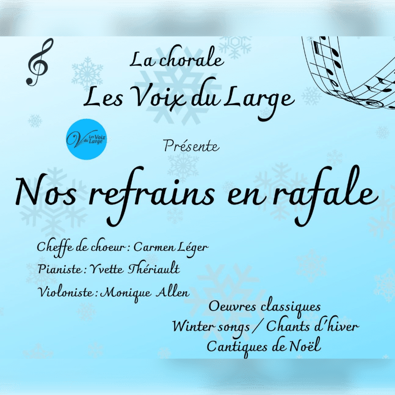 Black cursive text and musical symbols are layered over a light blue background decorated with white snowflakes.