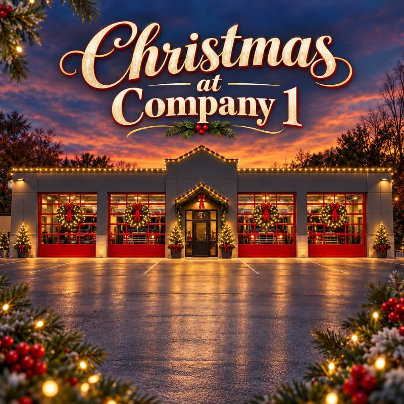 Christmas-decorated pine branches frame a wet pavement leading to a festive fire station under a sunset sky with the text "Christmas at Company 1."