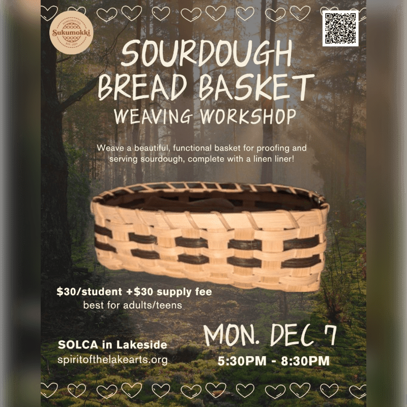 A woven bread basket sits in the foreground of a promotional flyer set against a blurred forest background.