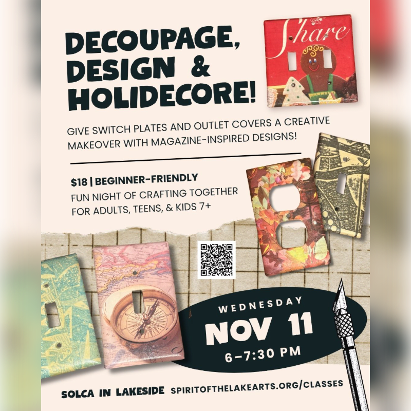 A promotional flyer for a decoupage class features colorful decorated switch plates in the foreground against a light beige background with event details and a QR code.