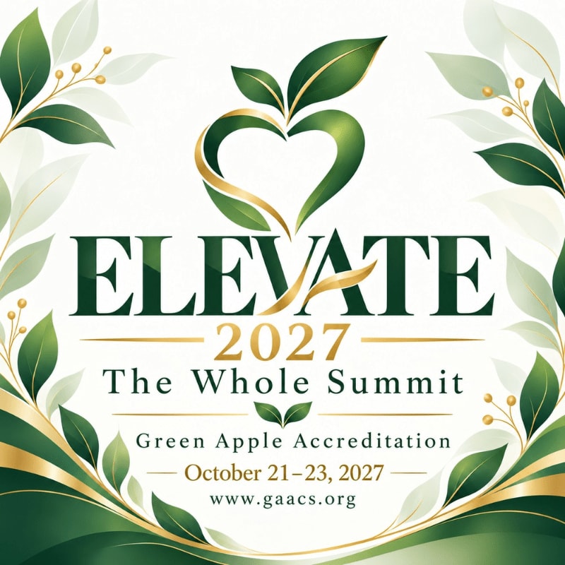 The text "ELEVATE 2027 The Whole Summit" and event details are centered in the foreground, framed by a white background and decorative green and gold leaves.