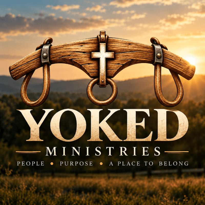 A wooden yoke with a central cross and the text "YOKED MINISTRIES" sits in the foreground against a backdrop of rolling hills and a sunset sky.