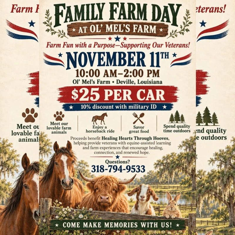A group of farm animals stands behind a wooden fence in the foreground, set against a rural landscape with trees and a promotional event flyer overlaying the background.