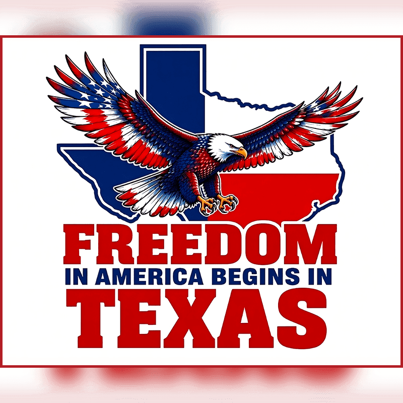 A bald eagle with wings spread in patriotic colors soars over a map of Texas, with the words "FREEDOM IN AMERICA BEGINS IN TEXAS" emblazoned below.