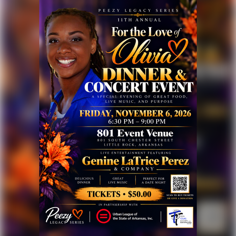 A smiling woman in a blue shirt is positioned on the left side of a promotional event flyer featuring gold and white text against a dark purple and orange background.