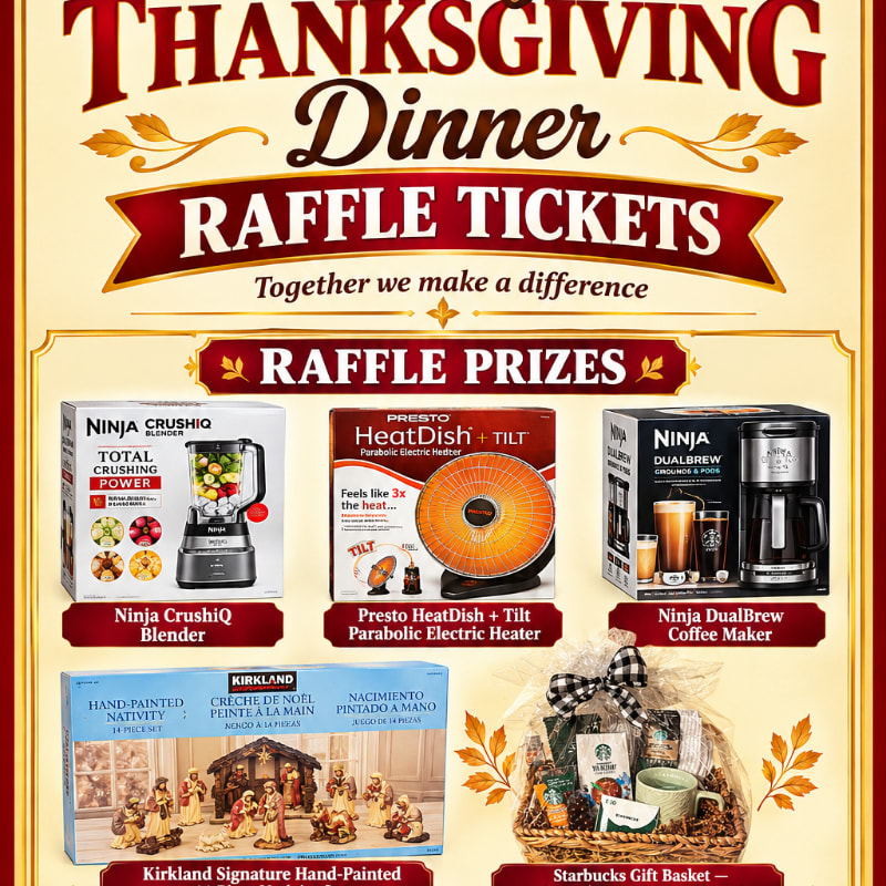 A promotional flyer for Thanksgiving dinner raffle tickets features various prizes, including a blender, heater, coffee maker, and gift baskets, set against a cream-colored background with red and gold accents.