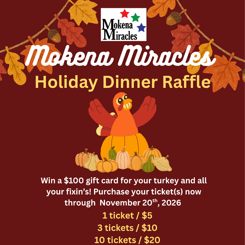 A cartoon turkey sitting on a pumpkin surrounded by gourds is centered in the foreground against a dark red background adorned with autumn leaves and raffle text.