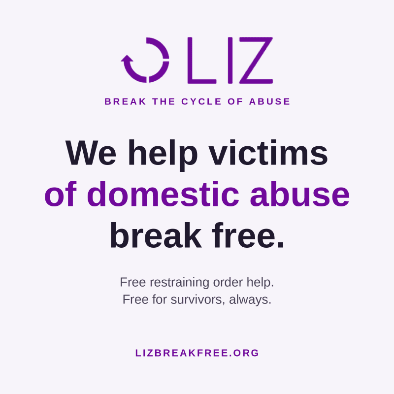 Purple and black text and a logo promoting domestic abuse support are centered against a plain, light gray background.