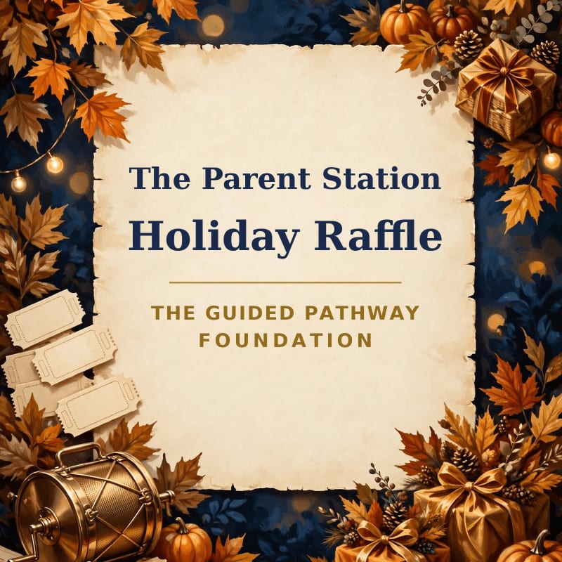 A central parchment announcement for "The Parent Station Holiday Raffle" is framed by autumn leaves, pumpkins, gifts, and raffle tickets against a dark blue background.