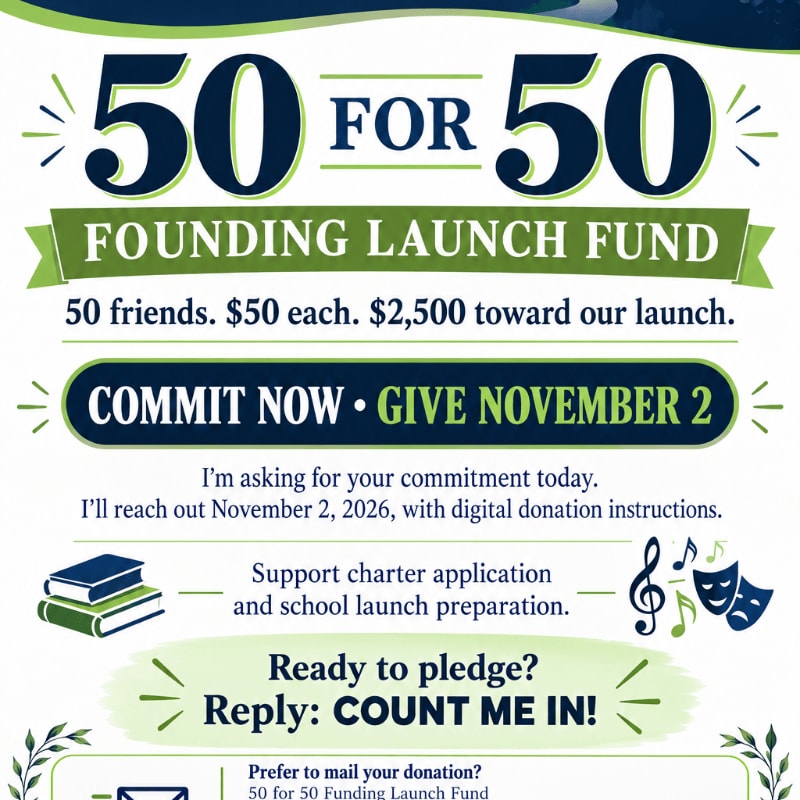 A fundraising flyer for a "50 for 50 Founding Launch Fund" features bold blue and green text and graphics against a clean white background.