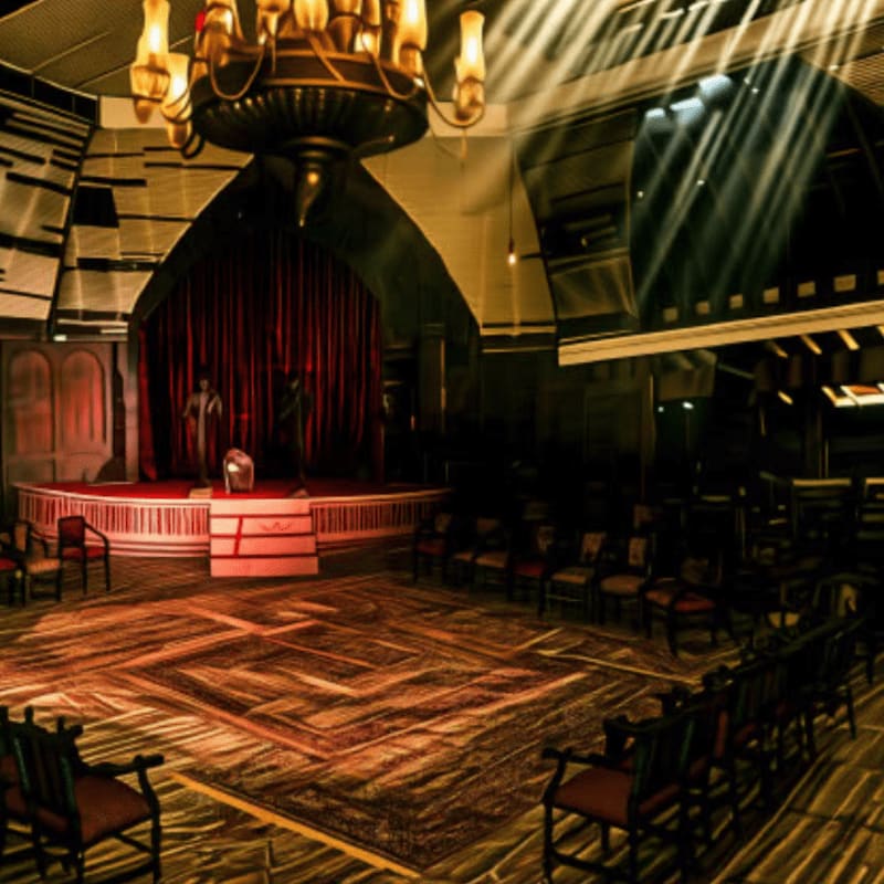 A large ornate chandelier hangs over a theater room with rows of chairs and a red-curtained stage in the background.