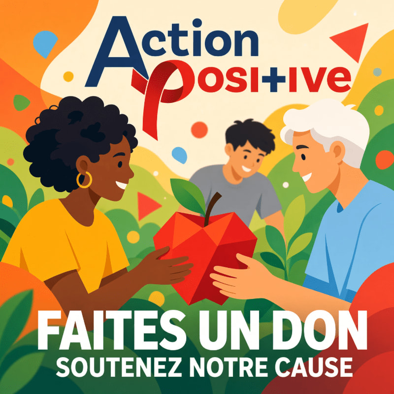 Two people hold a large red geometric apple in the foreground, while a third person and colorful abstract shapes fill the background beneath the "Action Positive" logo.