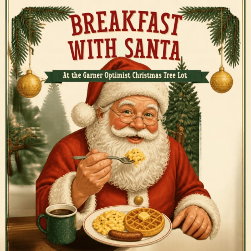 Santa Claus eats a breakfast of waffles and eggs in the foreground, set against a background of pine trees and festive text.