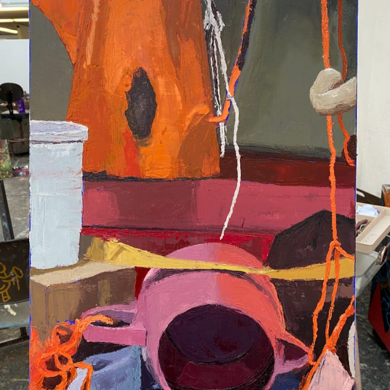 A still life painting features a pink vase and orange rope in the foreground against a background of orange and red shapes.