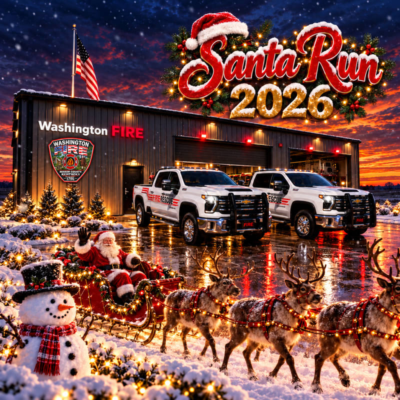Santa in a sleigh pulled by reindeer and a snowman stand in the snowy foreground before two white rescue trucks parked in front of a Washington Fire station under a "Santa Run 2026" sign.