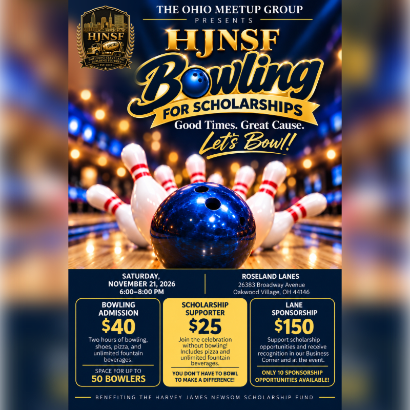 A blue bowling ball and scattered white pins dominate the foreground of a promotional flyer, set against a blurred background of a bowling alley with glowing lights.