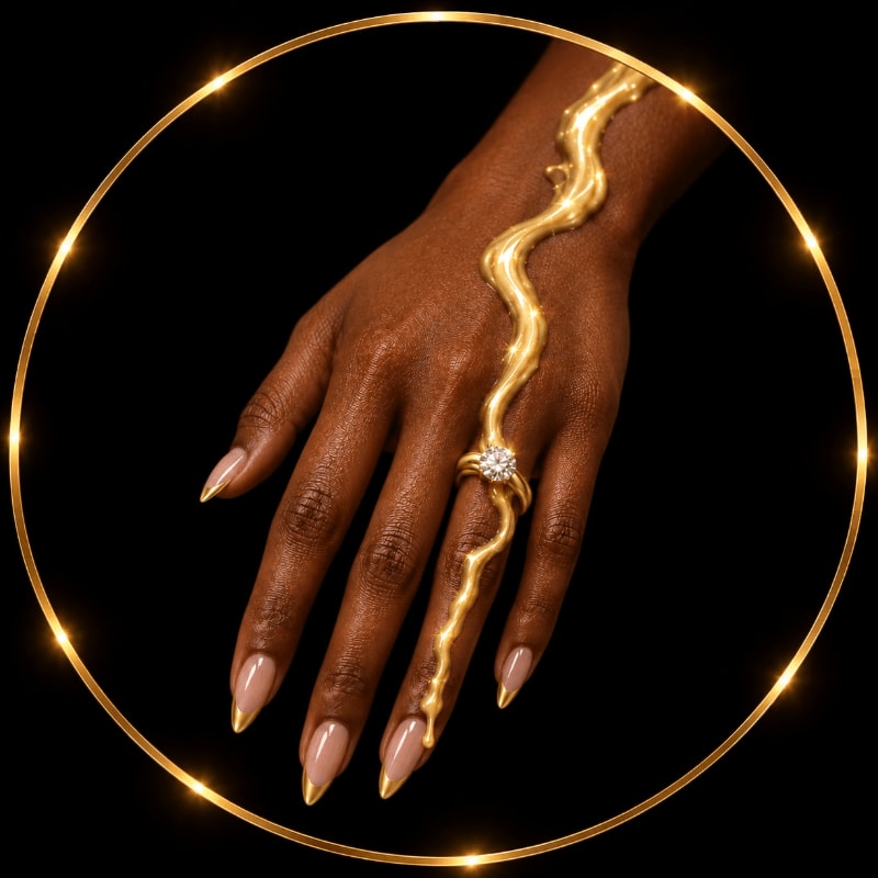 A dark-skinned hand adorned with a diamond ring and gold paint is centered within a glowing gold circle against a black background.