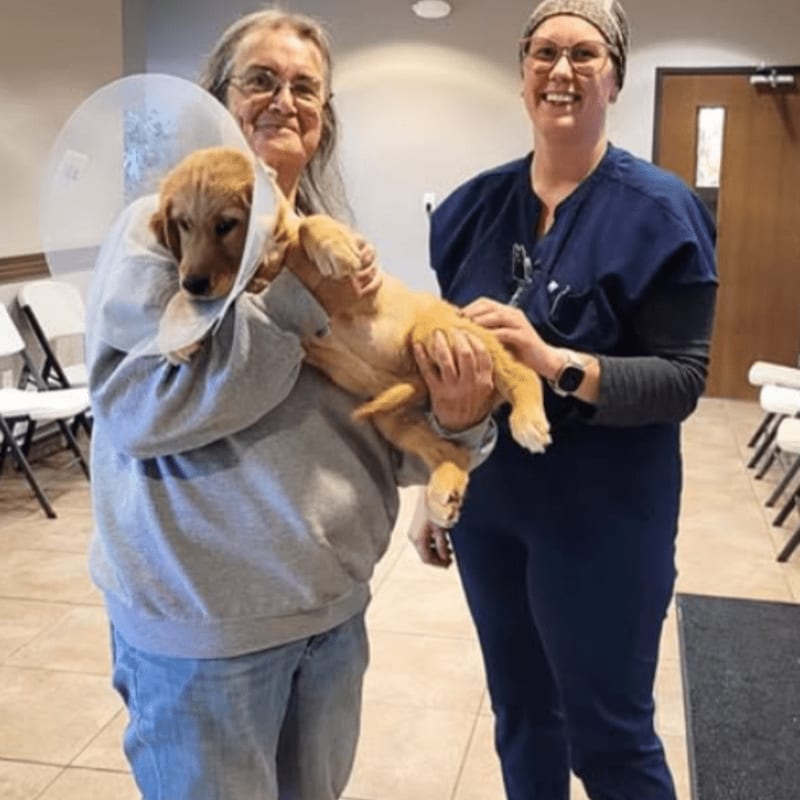 Two women smile while holding a golden retriever puppy wearing a protective cone in a brightly lit room with white chairs and a brown door.