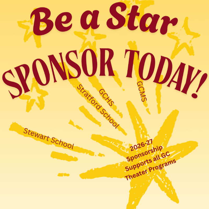 Bold red text reading "Be a Star SPONSOR TODAY!" sits atop a pale yellow background decorated with yellow stars and names of various schools.