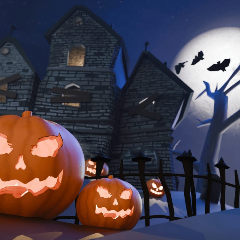 Spooky halloween scene with jack-o'-lanterns and haunted house