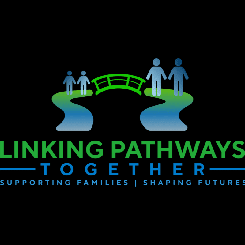 A colorful logo featuring a green bridge connecting two blue pathways with stylized human figures, set against a solid black background.