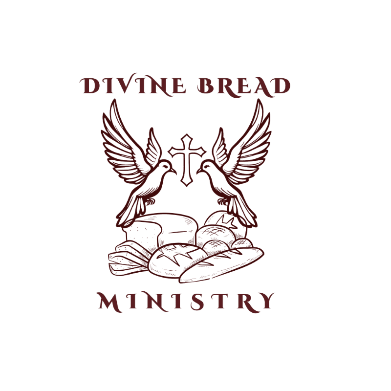 A maroon logo featuring two doves and a cross above loaves of bread, set against a plain white background.