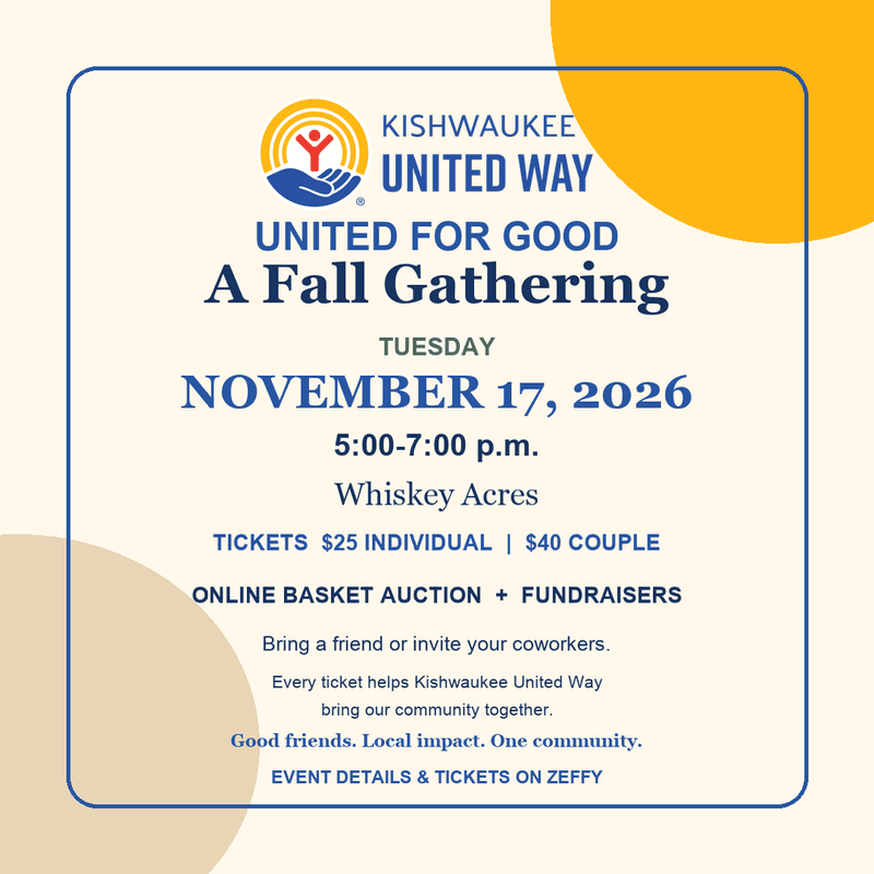 An event flyer for "A Fall Gathering" by Kishwaukee United Way is centered in a white frame against a background of soft beige and bright yellow curved shapes.