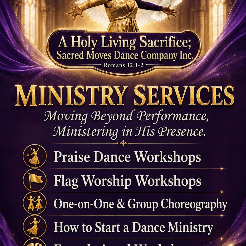 Gold text detailing ministry services is layered over a dark purple draped foreground, with a golden angelic figure and a bright cathedral interior in the background.