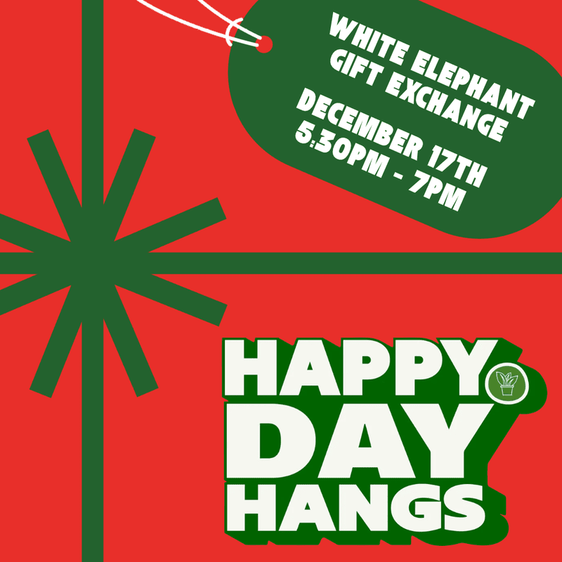 A green gift tag and "HAPPY DAY HANGS" text sit in the foreground against a red background designed to look like a wrapped present with a green ribbon.