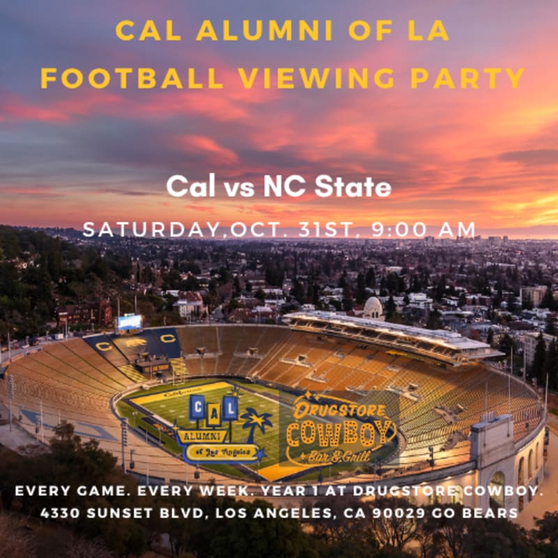 Yellow text announcing a football viewing party overlays a wide shot of a stadium in the foreground and a city skyline under a sunset sky in the background.
