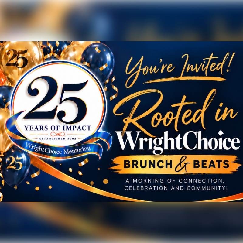 A celebratory invitation for WrightChoice Mentoring's 25th anniversary features a large "25 Years of Impact" logo and gold and blue balloons in the foreground against a dark blue background with gold script.