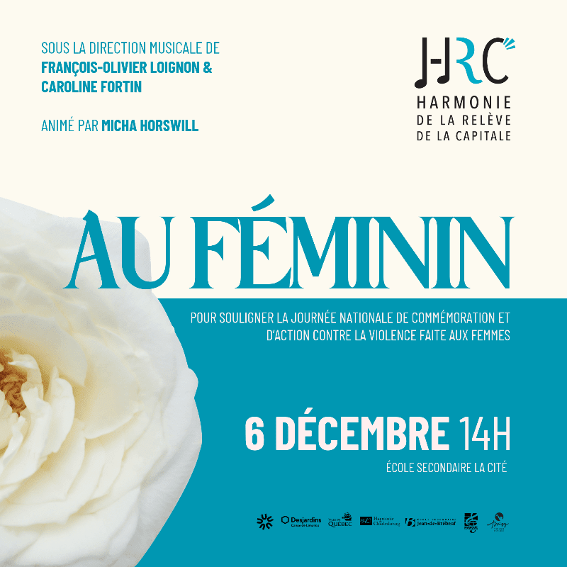 A large white rose occupies the left foreground against a background featuring a blue and white promotional poster for a musical event.
