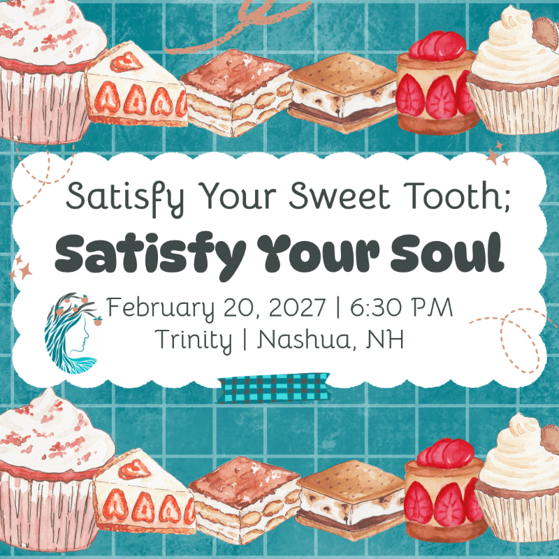 An event invitation with text in the center is framed by rows of illustrated desserts against a teal grid background.