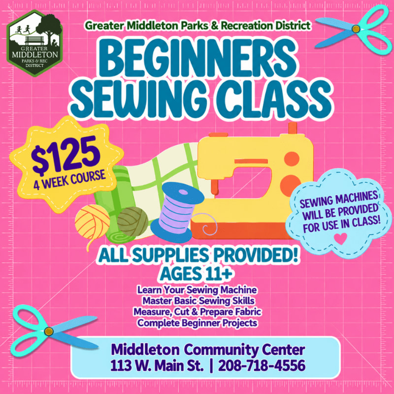 A colorful advertisement for a beginners sewing class features sewing tools and pricing in the foreground against a bright pink background.
