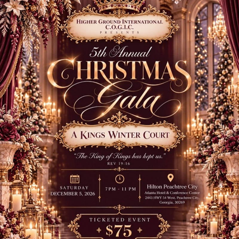 An ornate gold-lettered invitation for a Christmas Gala is centered against a luxurious background of glowing chandeliers, decorated trees, and red velvet curtains.