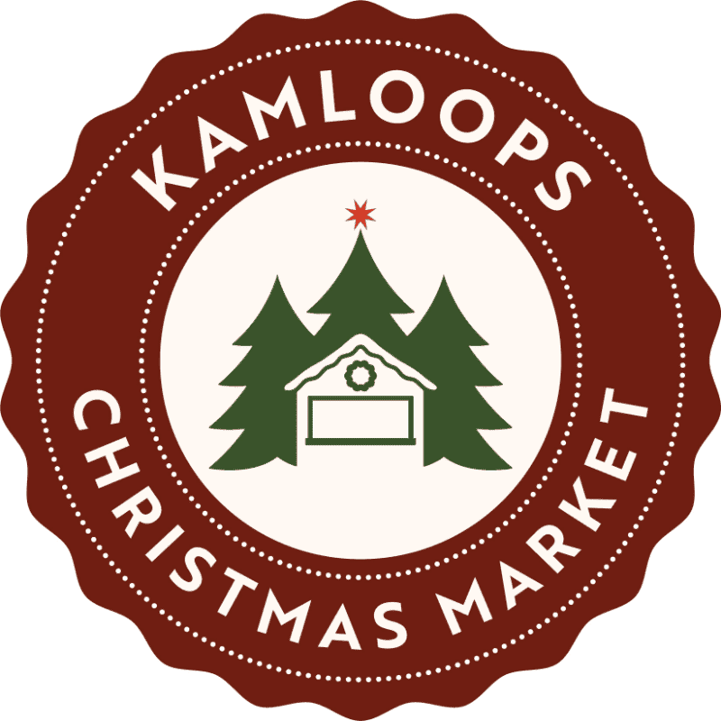 A circular maroon seal with the text "KAMLOOPS CHRISTMAS MARKET" surrounds a central white circle featuring green pine trees and a small market stall.