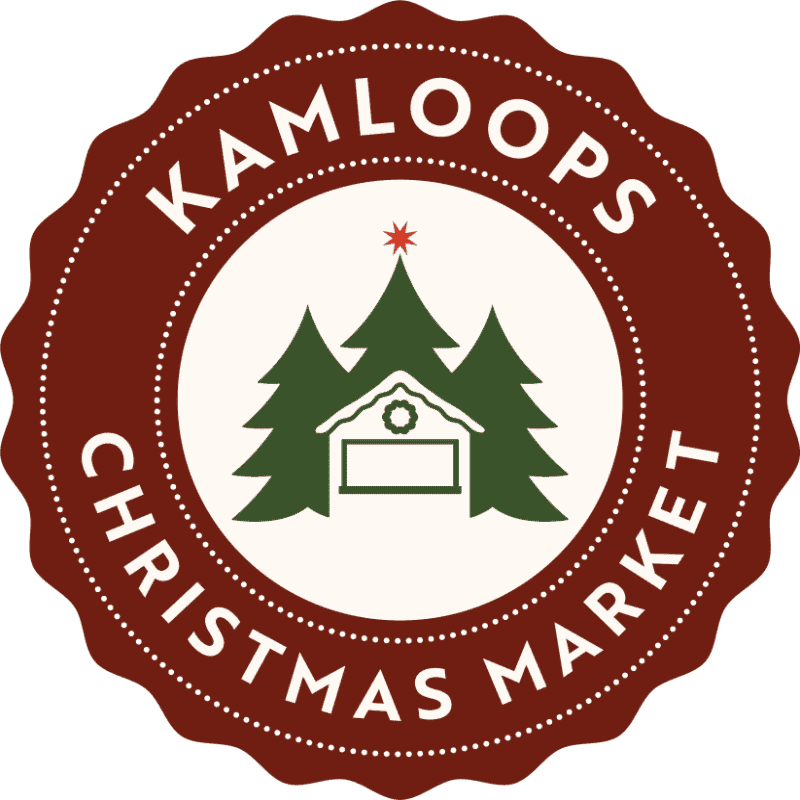 A circular maroon seal with the text "KAMLOOPS CHRISTMAS MARKET" surrounds a central white circle featuring green pine trees and a small market stall.