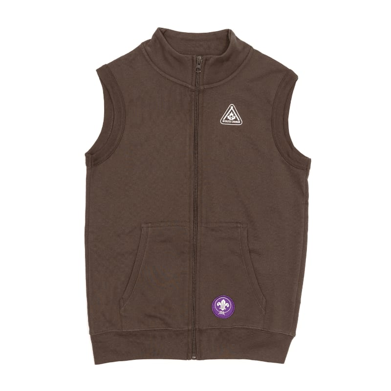 A brown fleece vest with two patches is centered against a plain white background.
