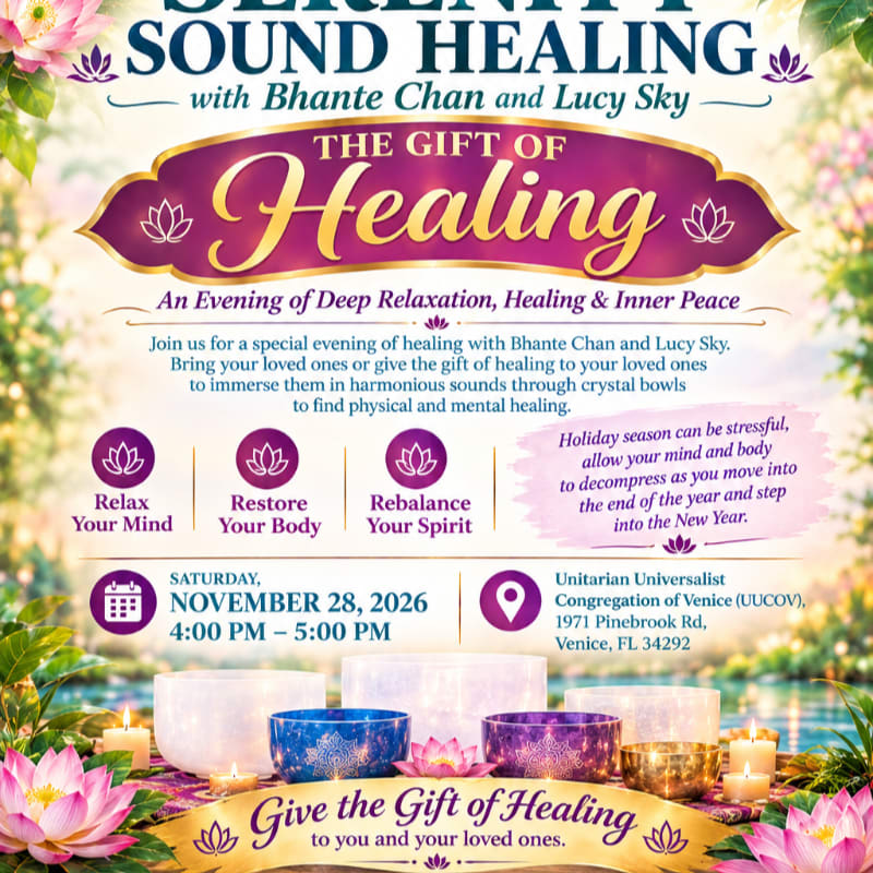 A promotional flyer for a sound healing event features text and crystal bowls in the foreground against a soft, ethereal nature background with lotus flowers.