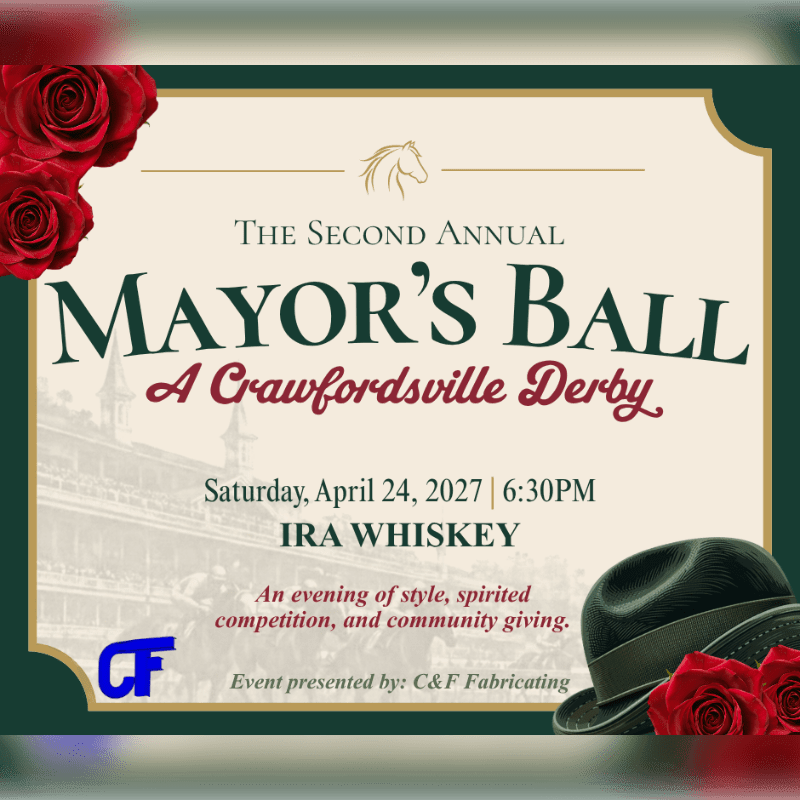 An invitation for the Second Annual Mayor's Ball featuring a horse head logo and event details in the center, framed by red roses and a black hat in the foreground against a dark green border.