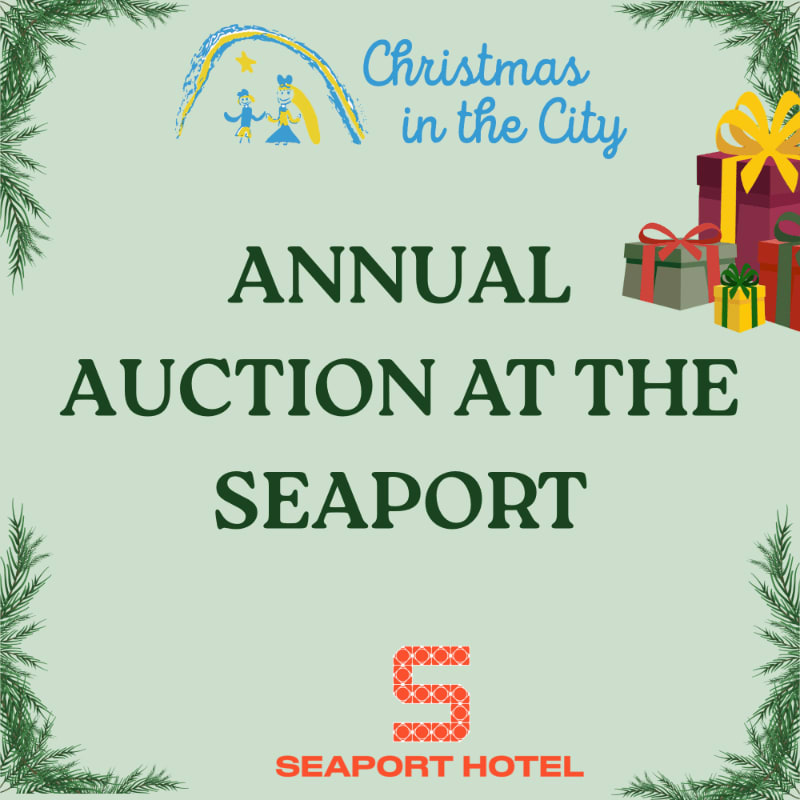 Bold green text announcing an "ANNUAL AUCTION AT THE SEAPORT" is centered on a light green background framed by pine branches and decorated with Christmas gifts and a festive logo.