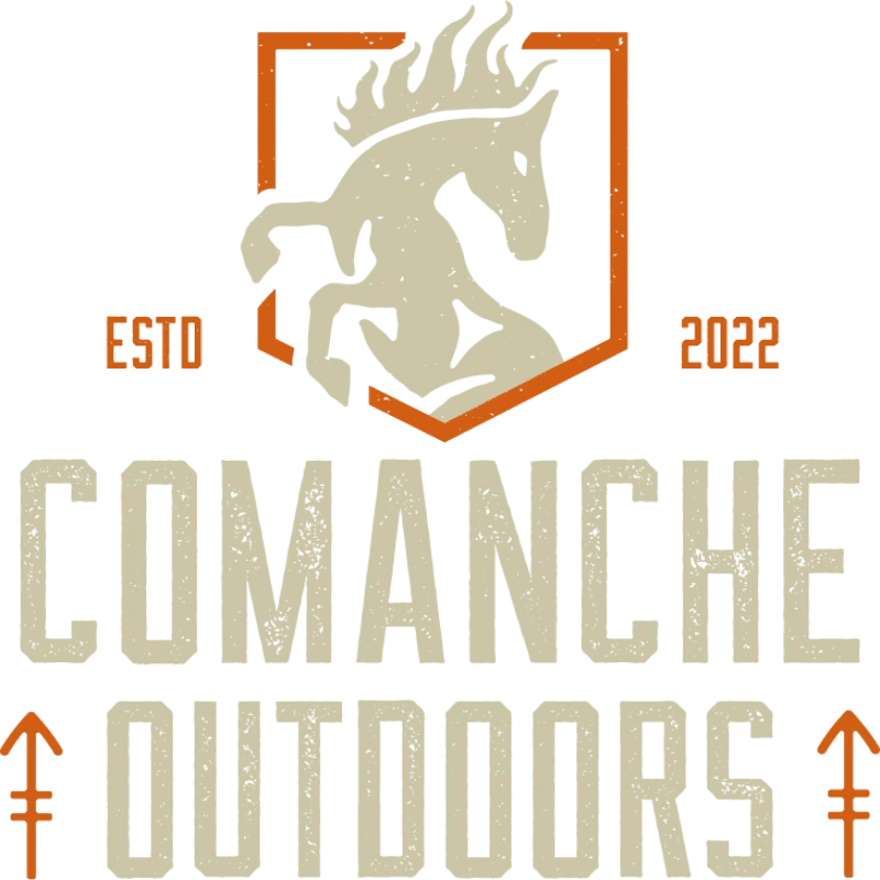 A stylized horse logo inside an orange frame with the text "ESTD 2022 COMANCHE OUTDOORS" and two arrows set against a plain white background.
