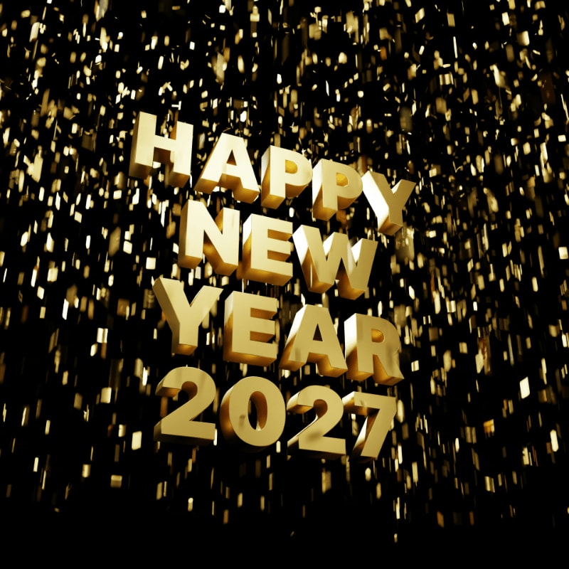 Gold lettering reading "HAPPY NEW YEAR 2027" among falling gold confetti