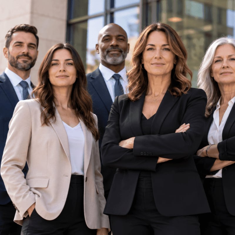A diverse group of professional business people stand confidently in the foreground against a blurred modern office building background.