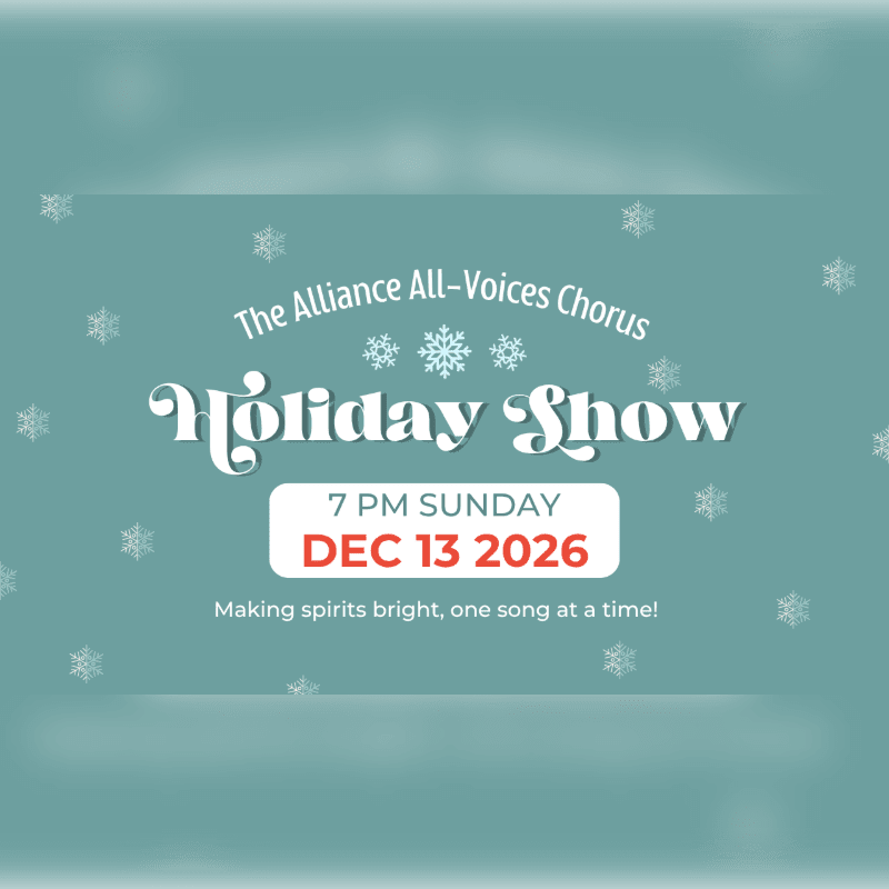 White text and snowflakes announce a holiday show on a muted teal background.