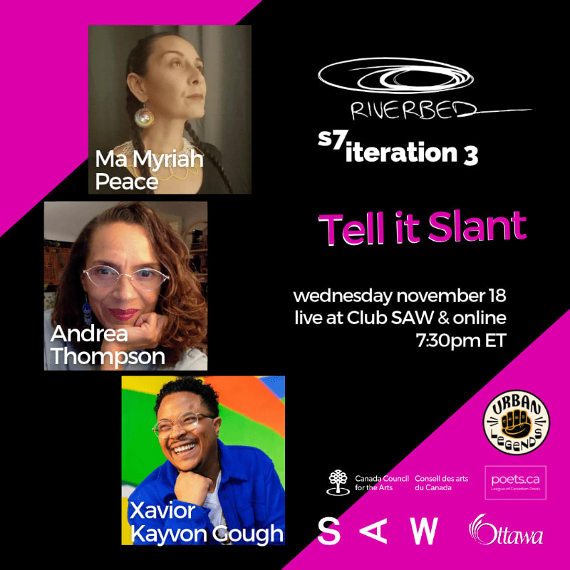 Three portrait photos of speakers are aligned on the left against a black and pink background featuring event details for "Tell it Slant" and various organizational logos.