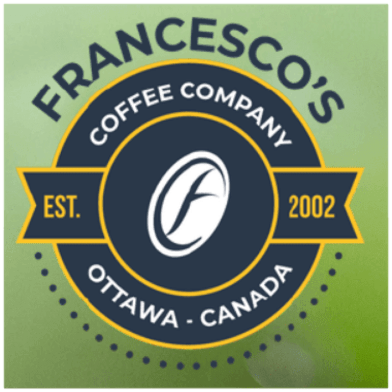 A circular logo for Francesco's Coffee Company is centered against a blurred green background.