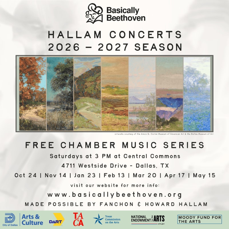 A promotional flyer for the Hallam Concerts 2026-2027 season features a row of landscape paintings in the center against a light, textured white background.
