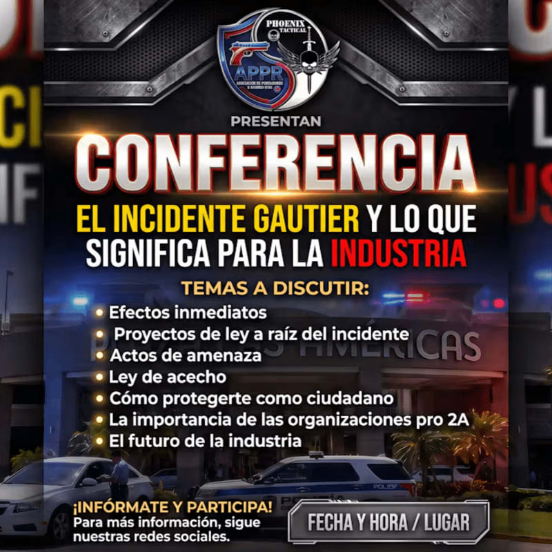 A promotional flyer for a conference about the "Gautier Incident" features bold text in the foreground over a background showing a police vehicle parked in front of a building.