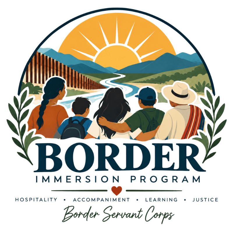 A group of people stands in the foreground looking toward a border wall and mountains under a bright rising sun in the background.